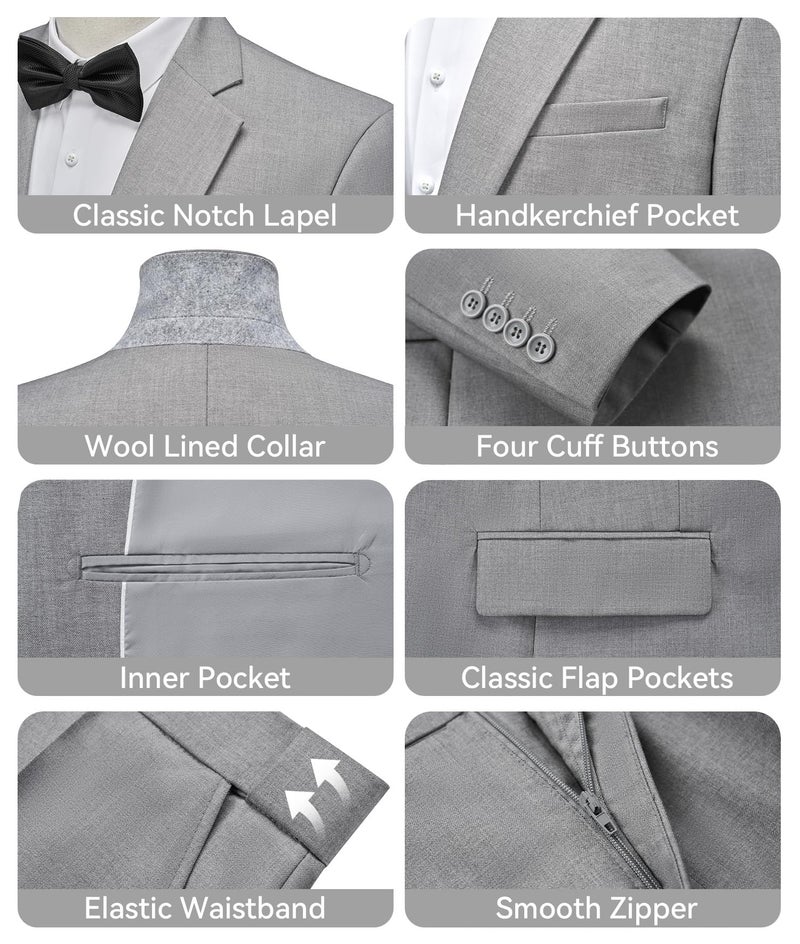 WEEN CHARM Mens Suits Slim Fit 2 Piece Wedding Tuxedo Two Button Groom Prom Party Solid Blazer Pants Suit Set Light Grey - Image 3